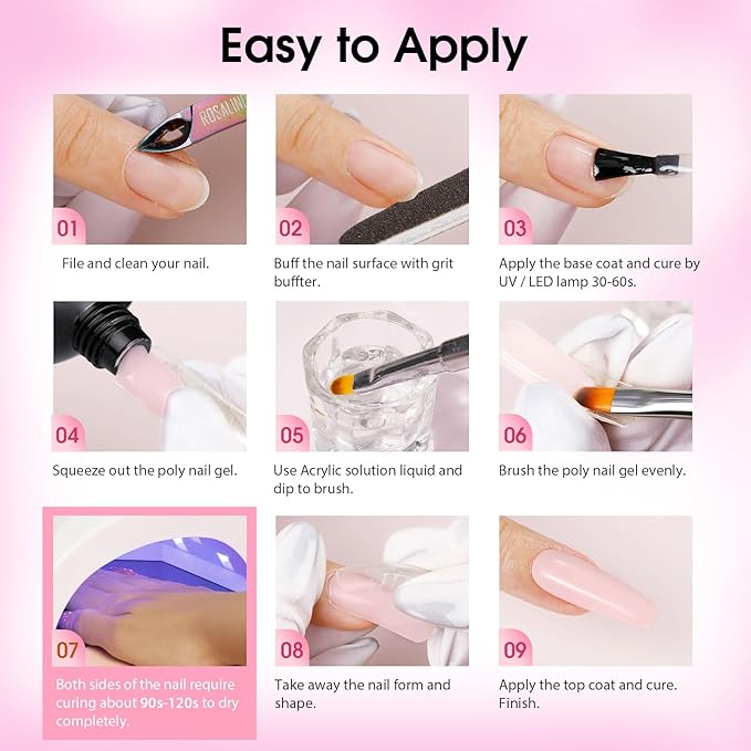 ROSALIND Poly Nail Gel Kit -12 Colors + Nail Art Accessories kit Clear Nude Poly Nails Gel Kit Starter Kit With Slip Solution Pro Nude Pink Nail Extensions Gel Set with Mini UV Lamp