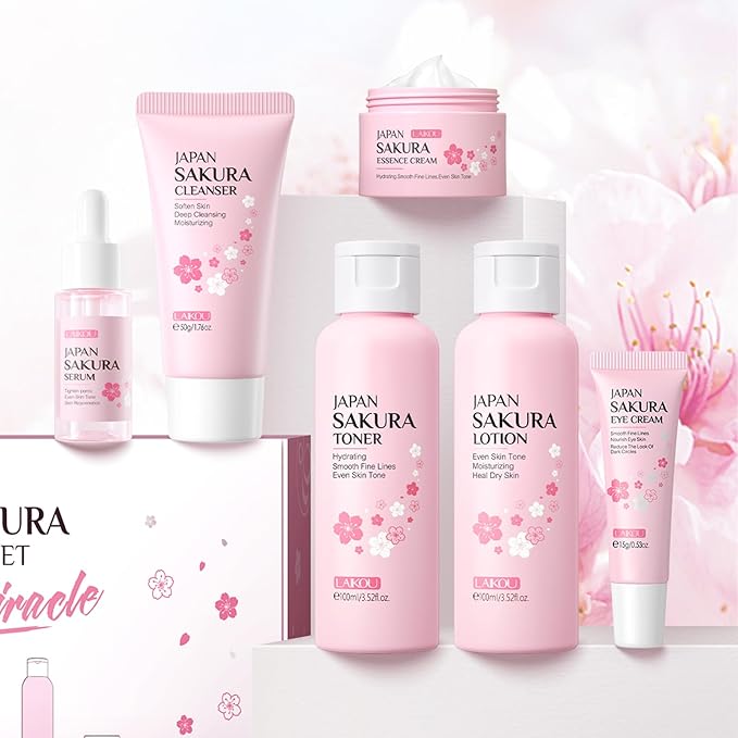Skin Care Set JAPAN SAKURA Women Beauty Gift Sets Skin Care Kit with Cleanser, Toner, Lotion, Serum, Eye Cream, Face Cream Travel Kit for Women Teen Girls Mom Daughter TSA-friendly Sizes 6pcs