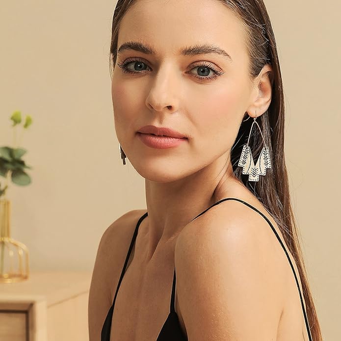 Zealmer Gold Geometric Earrings Statement Vintage Boho Ethnic Earrings Hollow Out Fan Shape Dangle Drop Earrings for Women Birthday Christmas Valentines Day Gift