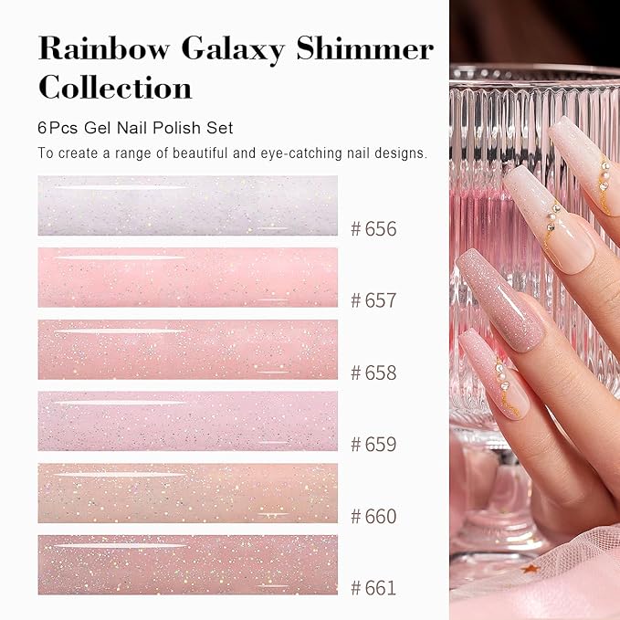 RARJSM Nude Glitter Gel Nail Polish 6pcs Set Sparkly Rainbow Shimmery Nail Gel Polish Iridescent Pigment Jelly Sheer Gray Pink Milky Peach Purple Translucent Natural Skin Tone Color 7.5ml Soak off