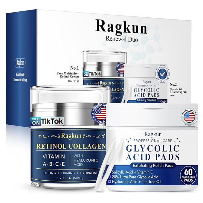 Retinol Cream for Face, Collagen Neck Creams for Tightening and Firming, Anti Aging Facial Moisturizer for Women & Men, Instant Face Lift Wrinkle Cream with Glycolic Acid Pads