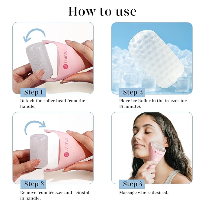 BAIMEI IcyMe Ice Roller for Face and Gua Sha Facial Tool Set, Ice Face Roller Reduces Puffiness Relieves Migraines Skin Care Tools, Self Care Gift for Women - Pink