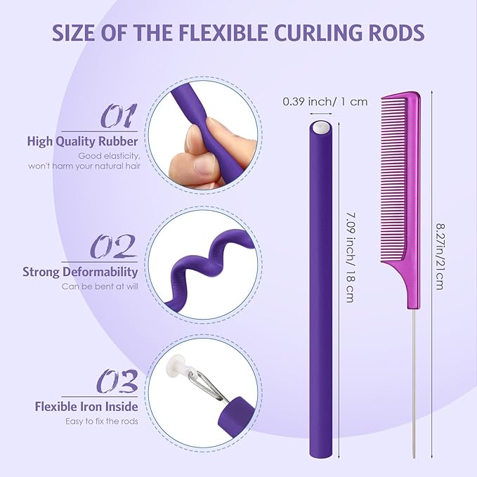Syhood 30 Pcs 7'' Flexible Curling Rods Twist Foam Hair Rollers Soft Foam No Heat Hair Rods Rollers and 1 Steel Pintail Comb Rat Tail Comb for Women Long Short Hair(Purple,7 x 0.39 Inch)