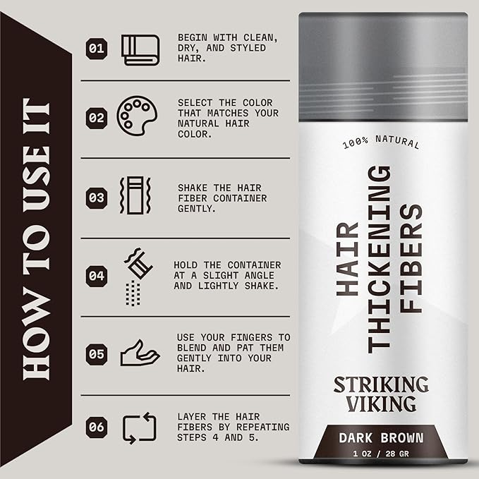 Striking Viking Hair Fibers for Thinning Hair, Dark Brown (28g) - Long Lasting, Undetectable Natural Building Powder for Thicker Looking Results, Men & Women