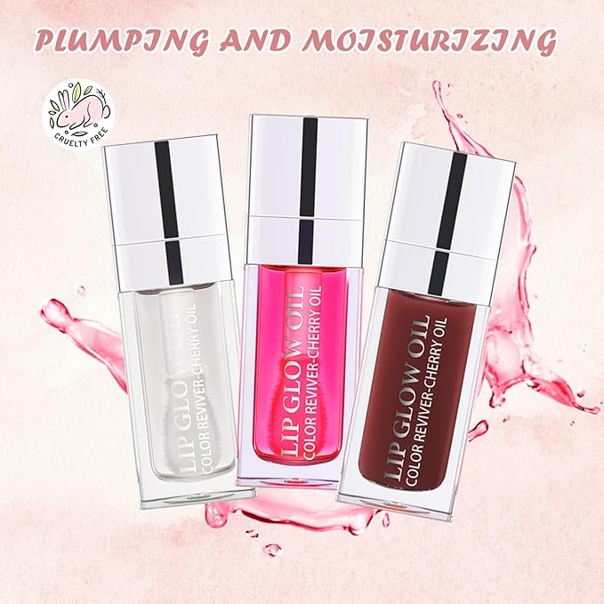 3PCS Lip Oil Set, Hydrating Lip Glow Oil Lip Plumper Gloss, Tinted Lip Oils Transparent Long Lasting Non-sticky Lip Gloss, Plumping Lip Gloss Lip Care Kit (Clear & Raspberry & Mahogany)