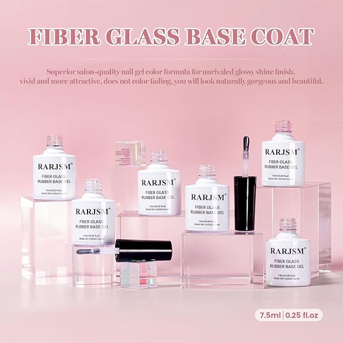 RARJSM Nude Fiber Glass Rubber Base Gel Nail Polish Set 6pcs for Repair Broken Nails Clear Milky White Jelly Rose Pink Strengthener Base Coat Transparent Brush on Building Gel in a Bottle 7.5ml