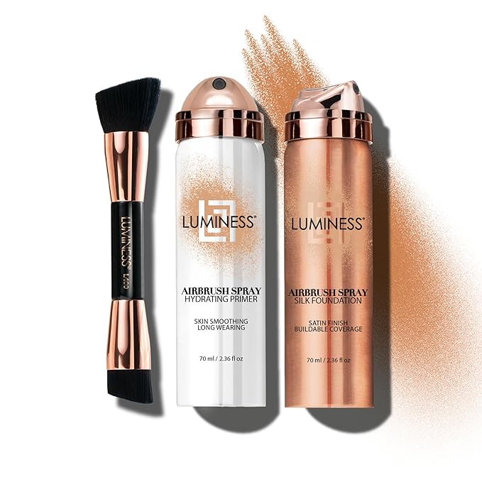 LUMINESS Airbrush Spray Silk Foundation Starter Kit - Tan - Foundation, Primer & Dual-Sided Angled Buffing Brush - Medium, Buildable Coverage, Anti-Aging Formula Hydrates & Moisturizes