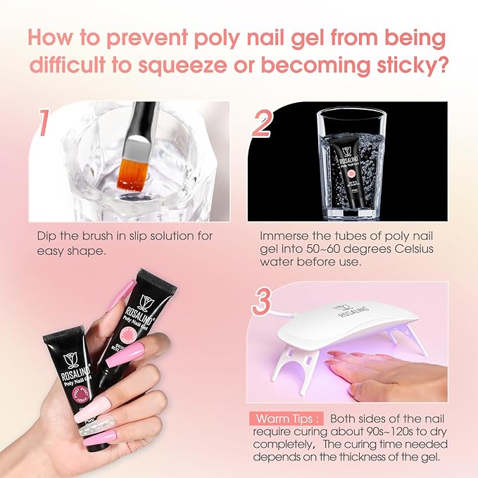 ROSALIND 28 Colors Poly Nail Gel Kit with Mini U V/LED Lamp White Nude Poly Nails Gel Kit Starter Kits With Slip Solution Pink Extensions Set for Nail Manicure Beginner