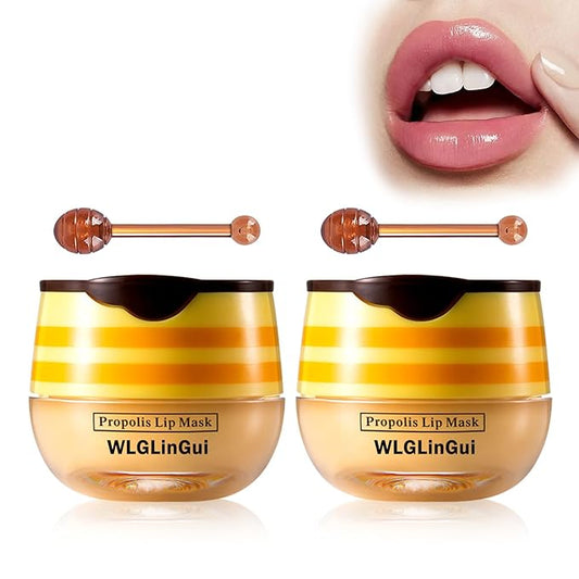 2PCS Bee Lip Balm Honey Pot,Hydrating Lip Moisturizer Cute Honey Pot Lip Balm Lip Scrubs Exfoliator with Wand,Moisturizing Exfoliating Overnight Propolis Lip Sleeping Mask for Men & Women