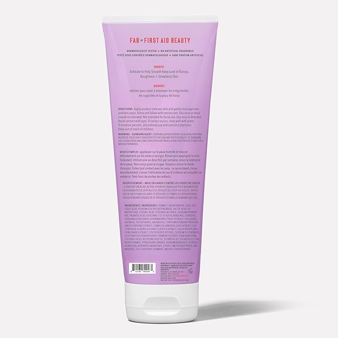First Aid Beauty - KP Bump Eraser Body Scrub with 10% AHA, Keratosis Pilaris Exfoliator with Glycolic and Lactic acids, Helps Reduce Chicken Skin Bumps, Safe for Sensitive Skin, Strawberry Scent, 8 oz