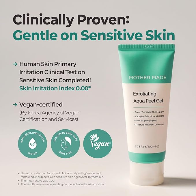 MOTHER MADE LHA Green Tea Exfoliating Aqua Peel Gel, Pore Care, Gentle Facial Exfoliator, Dead Skin Remover, Natural Cellulose for Peeling, Vegan, Korean Skincare, 2 Pack (100ml / 3.38 fl.oz)