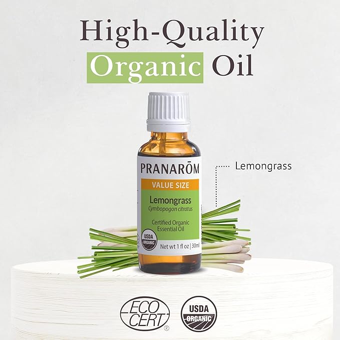 Pranarom USDA Certified Organic Lemongrass Essential Oil (30ml), 100% Pure Undiluted Therapeutic Grade from India for Aromatherapy, Diffuser, Meditation, Massage, Relaxation, Citrus - Lemon