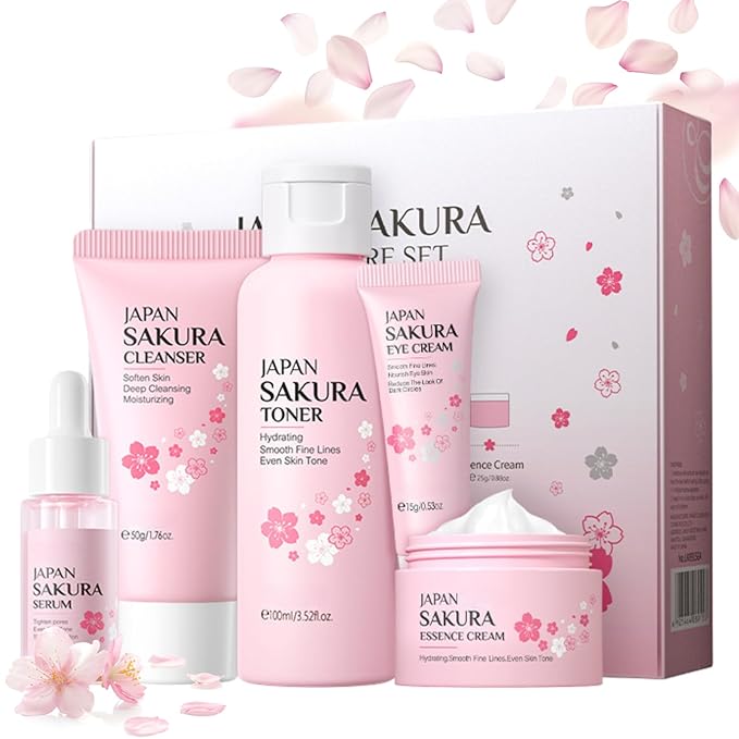 Sakura Skin Care Set, Women Gift Sets, Skin Care Kit with Cleanser, Toner, Serum, Eye Cream, Face Cream, Skin Care Routine Kit for Women, Even Skin Tone, Tighten & Firm Skin