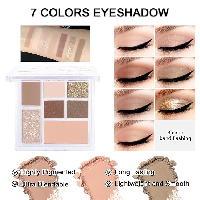 Makeup Kit for Teens Girls, Makeup Present Set for Women, Makeup Full Kit for Beginners, Mini Makeup Bundle Include 7 Nude colors Matte & Shimmer Pigmented Eyeshadow Palette, Eyebrow Powder