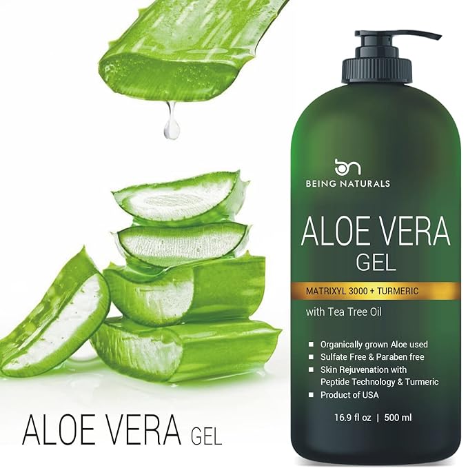 Aloe vera Gel - from 100% Pure Organic Aloe Infused with Matrixyl 3000 (Peptides), Turmeric - Natural Raw Moisturizer for Face, Body, Hair. Perfect for Sunburn, Acne, Razor Bumps 16.9 fl oz