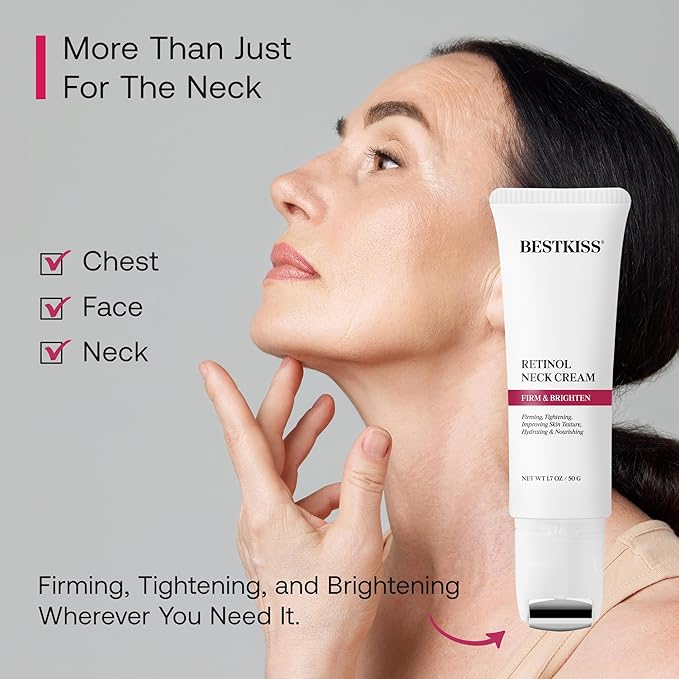 Retinol Neck Firming Cream with Cooling & Massaging Roller Applicator - Hydrates, Lifts, Smoothes Wrinkles, Fine Lines & Tightens Sagging Skin with Niacinamide & Hyaluronic Acid, 1.7oz/50g
