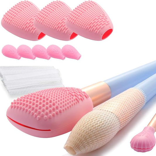 Silicone Travel Make-up Brush Holder with Cleaner Mat Pad, Organizer Case Covers for Foundation Eye Lip Brushes Storage Cleaning, Gift for Women Girl-friend Mother Wife, 3-Pcs Large + 5 Small, Pink