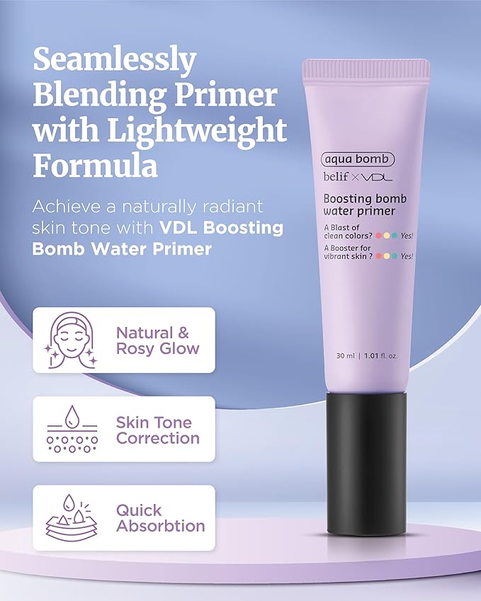 VDL Boosting Bomb Water Primer (Natural Finish, 1fl oz) - Makeup Base, Natural Radiance Booster. Smooth & Even Skin Tone, Moisturizer. Korean Skin Care for Perfect Canvas. Vegan Formula Cream,