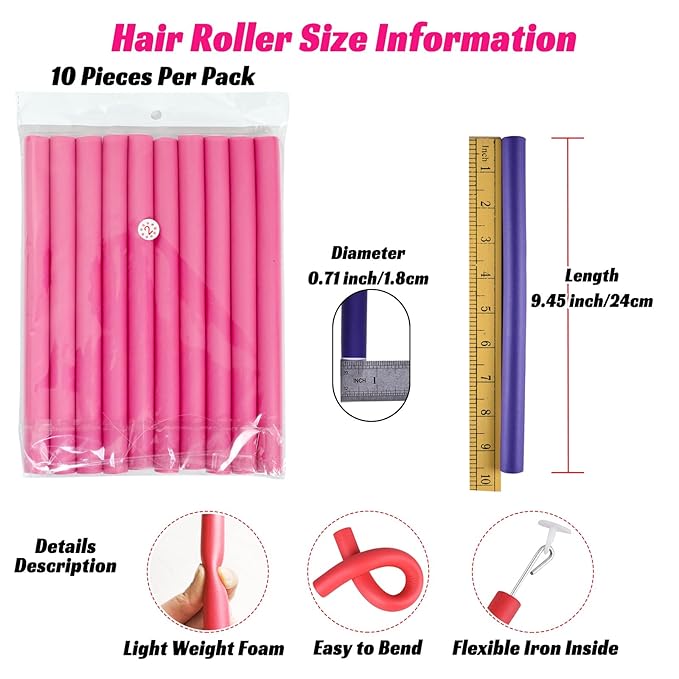30PCS 9.45" Flexible Foam Curling Rods, Twist Heatless Hair Rollers for Women, Girls, Long and Short Hair, Sleep-In (0.71 x 9.45 Inch, Random Color)