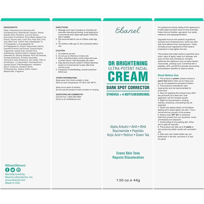 Ebanel Dark Spot Remover for Face & Body, Skin Brightening Cream with Synovea, Alpha Arbutin, Niacinamide, Kojic Acid, Dark Spot Corrector for Hyperpigmentation, Discoloration, Melasma, and Age Spots