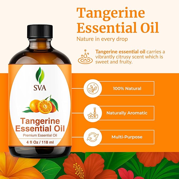 SVA Tangerine Essential Oil – 4 Fl Oz – 100% Natural Tangerine Oil - for Diffuser, Hair Care, Face, Skin Care, Aromatherapy, Scalp and Body Massage, Soap and Candle Making – with Dropper