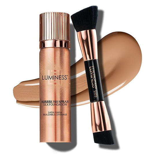 LUMINESS Silk Airbrush Spray Foundation 2-PC Kit - Foundation & Dual-Sided Angled Makeup Brush - Buildable Coverage, Anti-Aging Formula, Humidity Resistant, Hydrates & Moisturizes, Warm