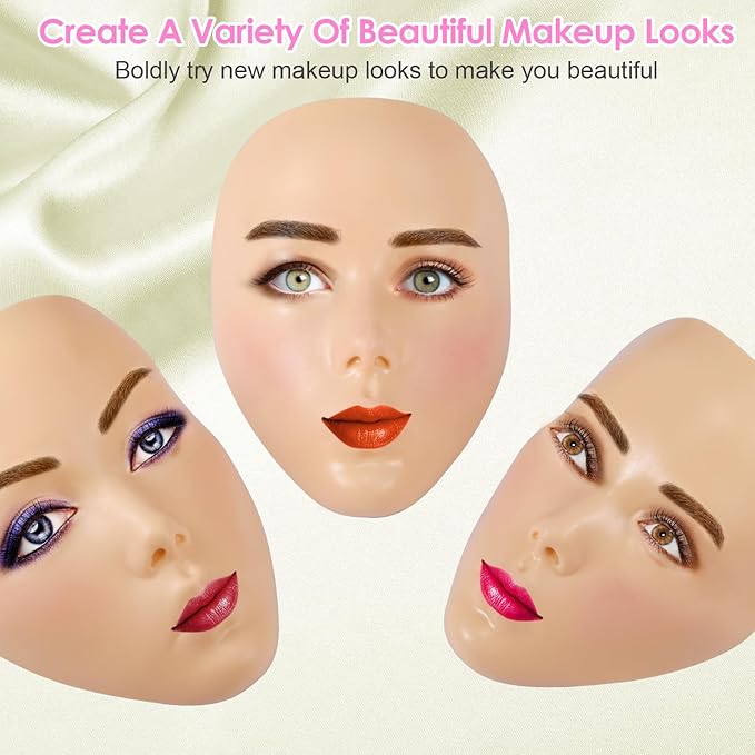 3D Makeup Practice Kit,Reusable Silicone Makeup Practice Face Board/Makeup Mannequin Face,with Makeup Brushes Set&Eyebrow Pencils&Eyelashes&a Makeup Bag&makeup remover towel&Eyeshadow&Lipstick