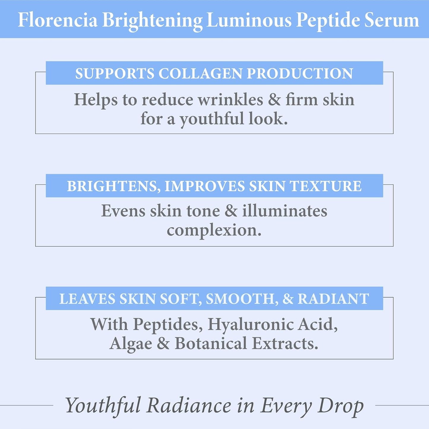 Florencia Brightening Luminous Peptide Serum - Age-Defying Face Serum with Peptides, Sodium Hyaluronate & Organic Botanicals – Helps to Reduce Wrinkles, Illuminate Complexion, 1 Oz