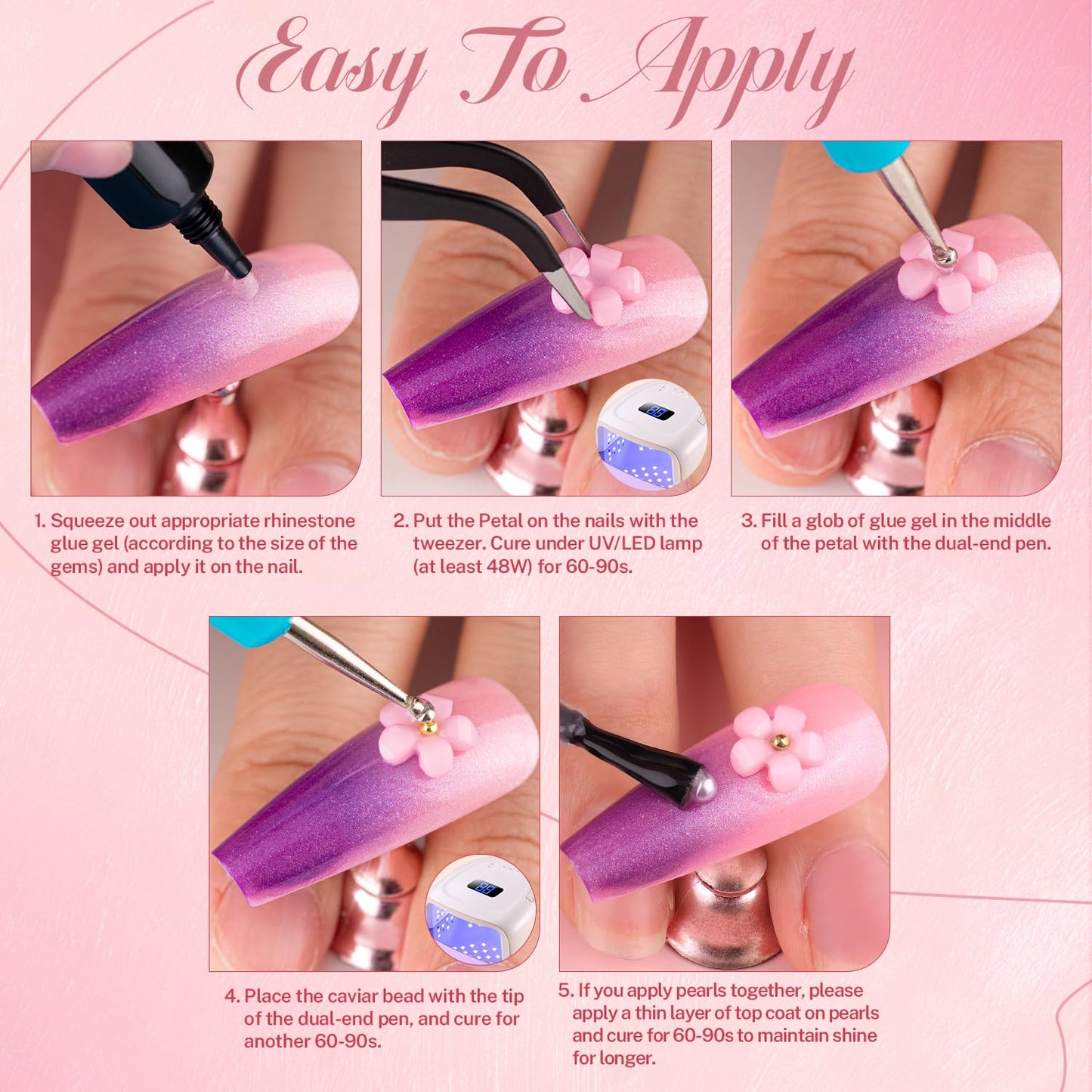 3D Nail Charms and Gems Set 4 with Rhinestone Glue, 20PCS Gold and Silver Chunky Butterfly Nail Charms, 3D Flowers for Nails, Crystal and Pearls + Metal Caviar Beads + Picker Tool for Y2K Nail Decor