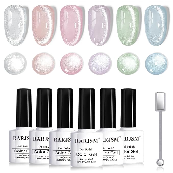 RARJSM Sparkle Diamond Cat Eye Gel Nail Polish Set 6 Colors Nude Pink Milky Jelly Purple Green Blue Silver Glitter Cateye Gel Polish with Magnet Stick UV LED Curing Requires Soak Off Home Salon Diy