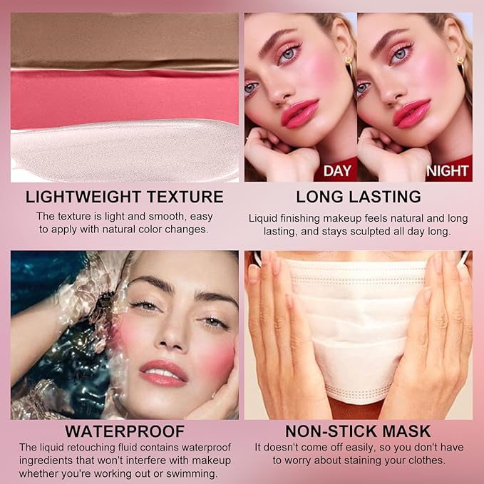 3Pcs Liquid Contour Makeup Trio with Bronzer Shade, Blush, Highlighter for Sculpted Makeup, Matte Finish Liquid Contour Set Easy to Create a Lightweight Look, Longwear Waterproof Formula (4, 7, 12)