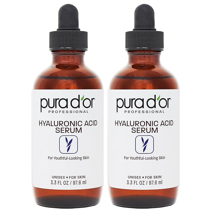 PURA D'OR Hyaluronic Acid Serum For Deep Hydration (3.3oz x2 = 6.6oz) Anti-Aging, Plumping & Moisturizing Formula For Smooth, Supple Skin - Natural Skincare Boost - Fine Lines & Wrinkle Reducer