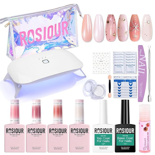 Jelly Gel Nail Polish Kit with U V Light, Hema-Free Milky Nude Sheer White Pink Gliter Gel Polish Set with Base & Top Coat Chrome Nail Powder, 4 Colors Mini Salon Nail Art Starter Gift for Women Girl