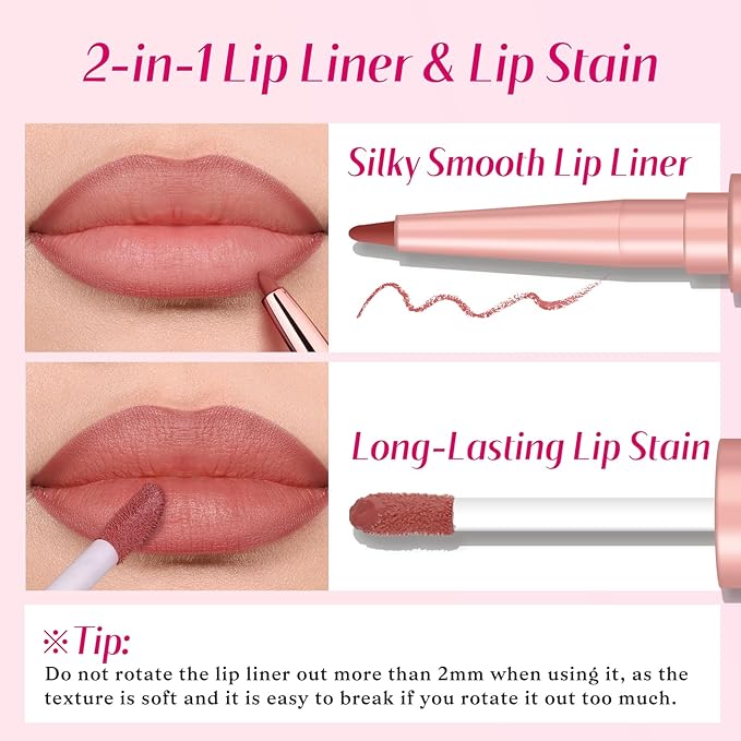 2 PCS Lip Liner and Lip Stain Combo Set, High Pigmented Long Lasting Velvet Lip Tint, Well-Defined Lipliner, Weightless Waterproof Not Animal Tested, Matte Finish Makeup