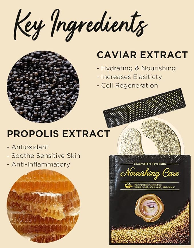 YURICOS Caviar Gold Foil Under Eye Mask Patch for Dark Circles and Puffiness 20 Pairs - Premium Anti-Aging 24k Gold Eye Mask to Diminish Under Eye Wrinkles, Lines