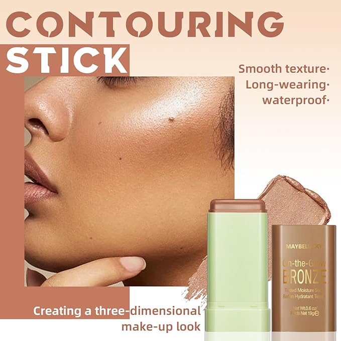 Cream Contour Stick for Cheeks Tint, Multi-Use Makeup Highlighter Blush Bronzer Stick, Natural Glow Solid Moisturizer Stick Blendable Illuminator On-the-Go Shimmer Cream Contour Makeup-02