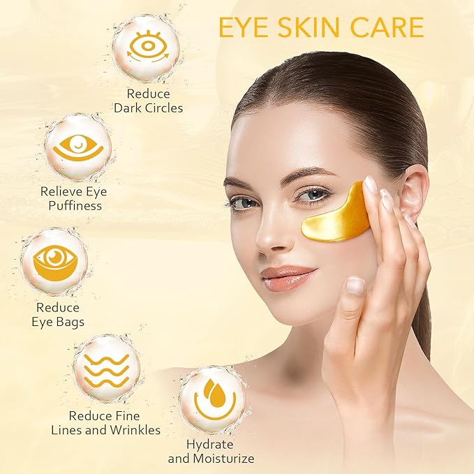 Under Eye Patches, Gold Eye Patches for Puffy Eyes and Dark Circles 24k Gold Under Eye Mask for Wrinkles Eye Bags for Women and Men Collagen Skincare Treatment (20pcs)