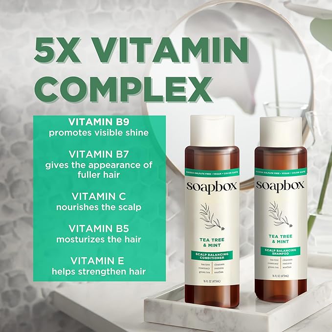 Soapbox Tea Tree Shampoo and Conditioner Set, Scalp Balancing with Tea Tree Oil, Jojoba Oil, Aloe and Shea Butter to Clean and Purify for All Hair Types, 16 Ounces Each (Pack of 2)