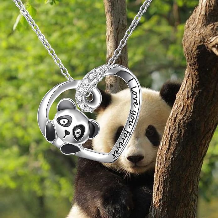 Silver Crystal Panda Necklace Choker Vintage Heart Panda Pendant Cute Animal Necklace Charm Jewelry I Love You Forever Birthday Gifts for Kids Women and Girls