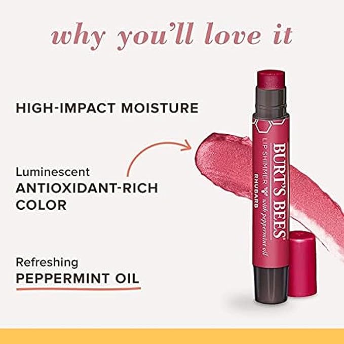 Burt's Bees Shimmer Lip Tint Set, Tinted Lip Balm Stick, Moisturizing for All Day Hydration with Natural Origin Glowy Pigmented Finish & Buildable Color, Rhubarb (4-Pack)