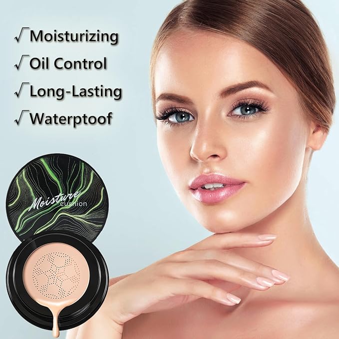 2PCS Mushroom Head Air Cushion CC Cream Foundation,Moisturizing Mushroom Head Foundation BB Cream Makeup Foundation Matte Concealer Full Coverage Long-lasting Oil Control (Natural)