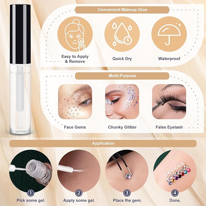 Colorful Face Gems for Makeup Set, Flatback Gorgeous Charming AB Glass Gem+Clear Glass Gem with Makeup Glue+Picker Pencil+Tweezer+Dual-End Dotting Tool for Eye Body Hair Make-up and Nail Art Deco