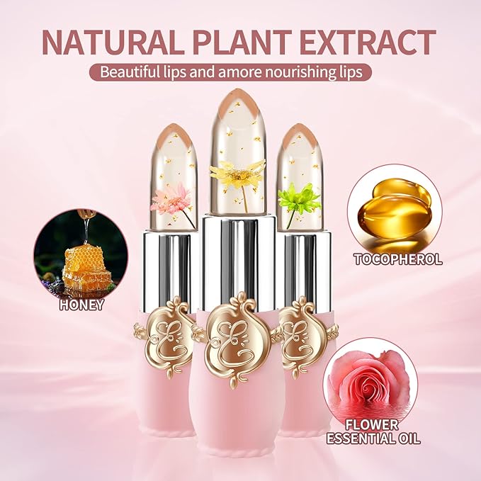 3 Pcs/Set Flower Jelly Lipstick Set Temperature Change Moisturizer Long Lasting Nutritious Glossy Shine Lip Balm Magic Gold Crystal PH Color Change Lip Gloss for Women