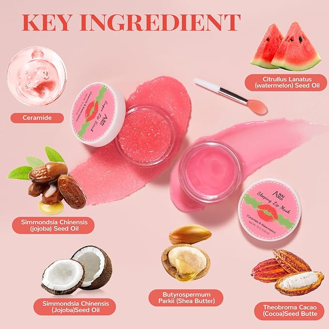 Lip Mask Set, Lip Scrub & Lip Butter, Overnight Lip Treatment Set Enriched With Skin Softening Ceramide & Watermelon and Hydrating Shea Butter, For A Softer & Smoother Pout