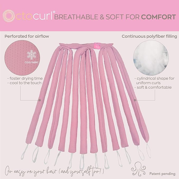 Octocurl Heatless Hair Curler - No Headband Octopus Curler - Overnight Curls for Long Hair (QMax - Mauve)