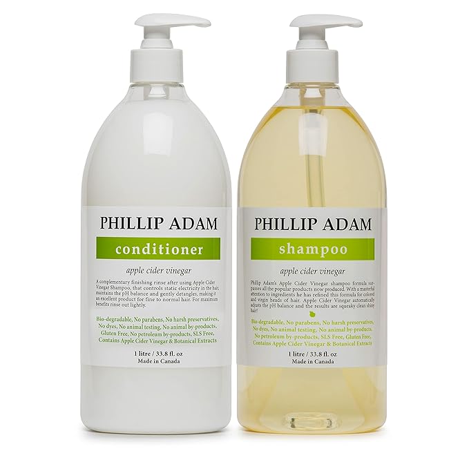Phillip Adam Apple Cider Vinegar Shampoo and Conditioner Set for All Types of Hair - pH Balancing - Sulfate Free, Paraben Free & Silicone Free - 33.8 Ounce Each