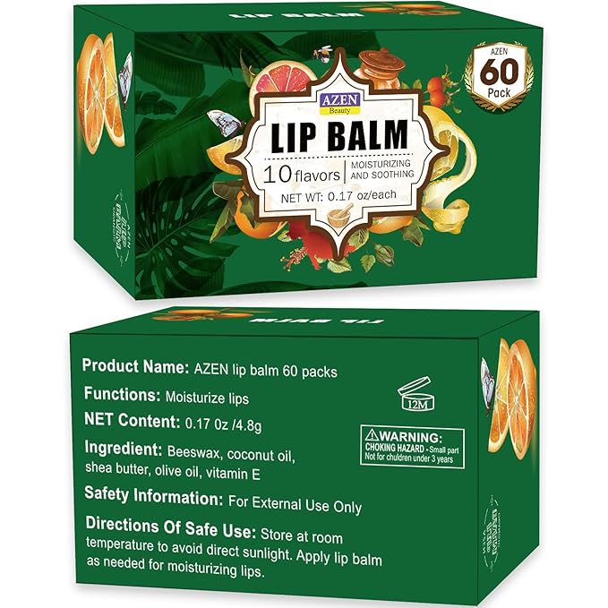 AZEN 60 Pack Lip Balm, Natural Lip Balm Bulk, Lip Care Product, Moisturizing Lip Balm for dry cracked lips - 10 Flavors