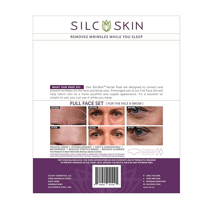 SilcSkin Full Face Set, Helps with Face & Brow Wrinkles from Sun Aging Side Sleeping, Reusable Self Adhesive Medical Grade Silicone, 1 Brow Pad, 4 Eye Pads, 2 Multi-Area Pads - 45 Day Supply