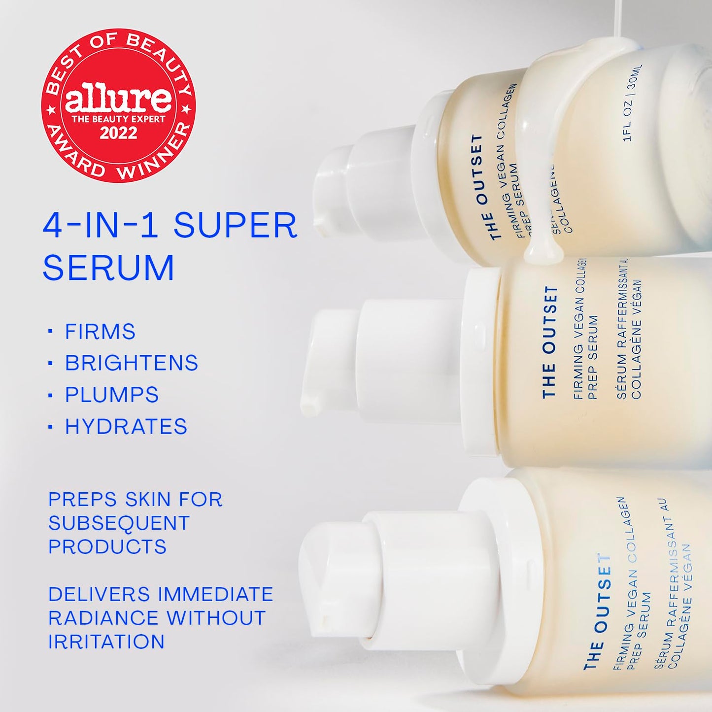 The Outset Firming Vegan Collagen Prep Serum - Gentle, Fragrance Free Multi-Benefit Serum - Hydrating, Brightening, Plumping and Anti-Aging - Clean, Vegan, Gluten Free - All Skin Types - 1 fl oz