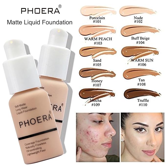 PHOERA Foundation,PHOERA CC Cream Foundation Color Correcting Anti Aging Hydrating Serum &SPF 25+,PHOERA Primer, PHOERA Makeup Foundation, Makeup Brushes (102 Nude+140 Buff Beige CC Cream)